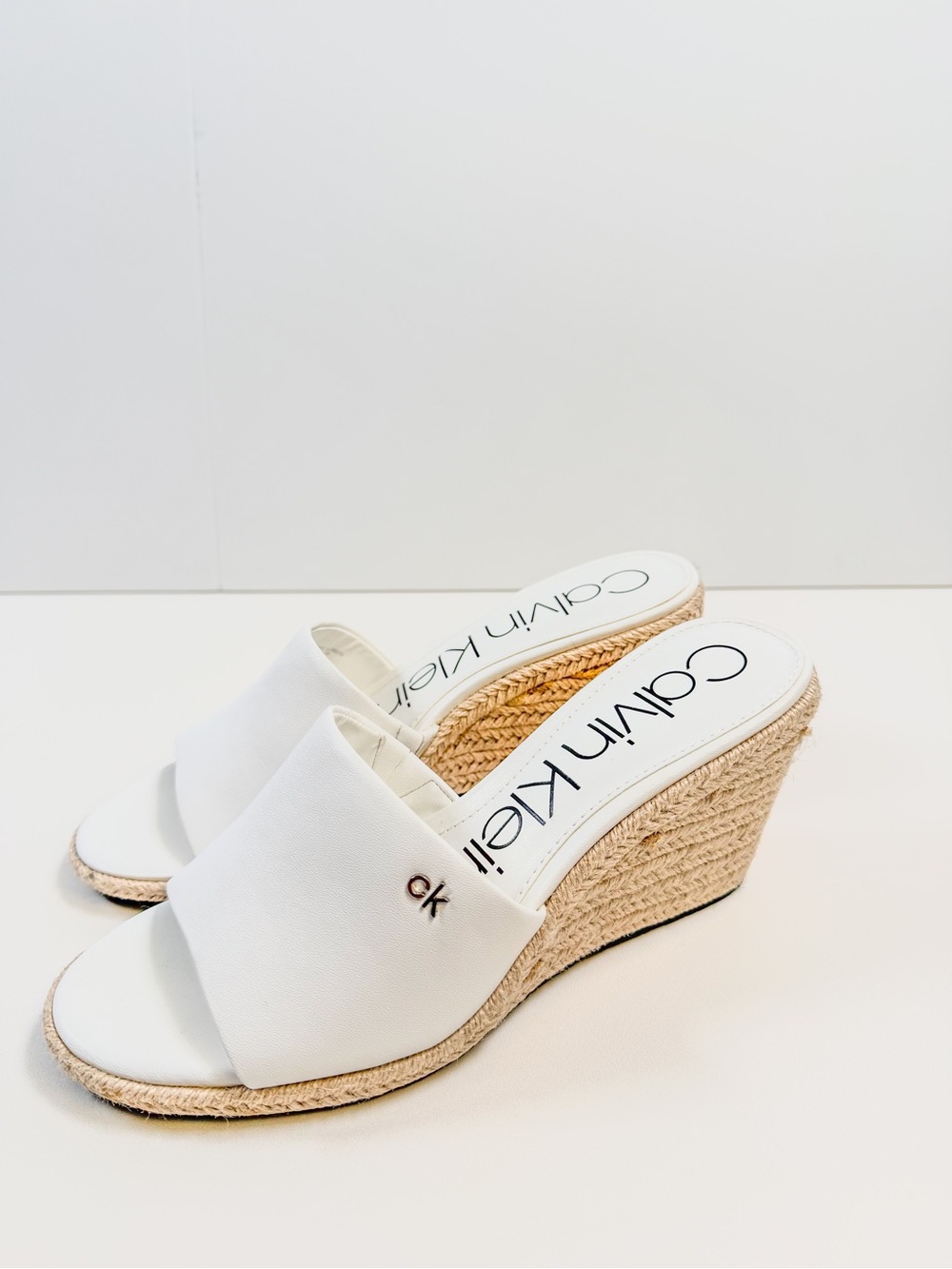 Calvin Klein White Canvas Espadrille Wedge Mules